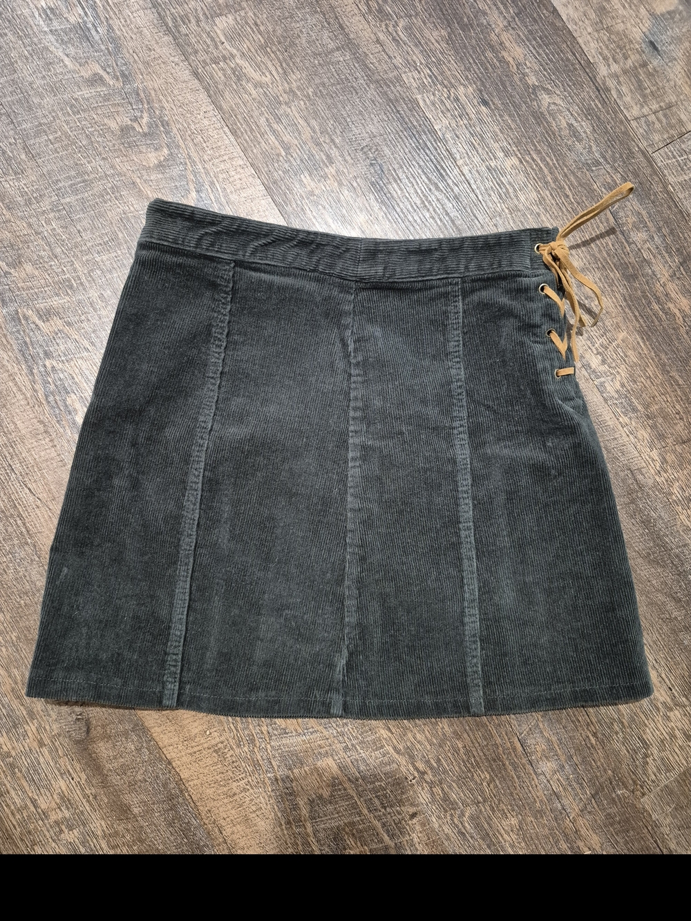Forever 21 Dark Green Corduroy Mini Skirt with Tan Lace-Up Detail Size Small